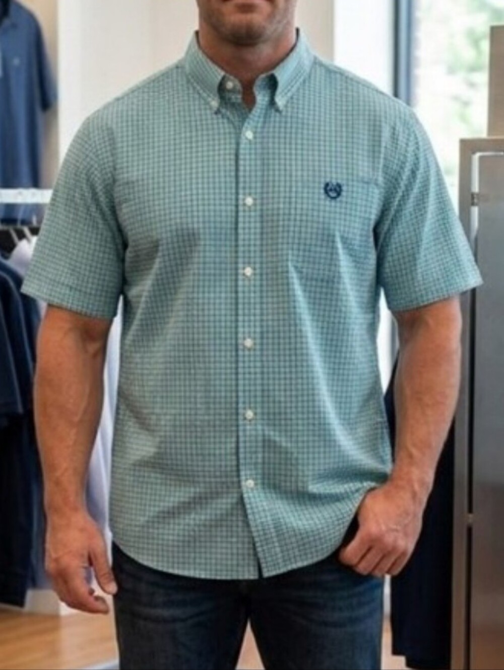 Chaps Men's Short-Sleeve Button-Down Shirt in Light Teal Check